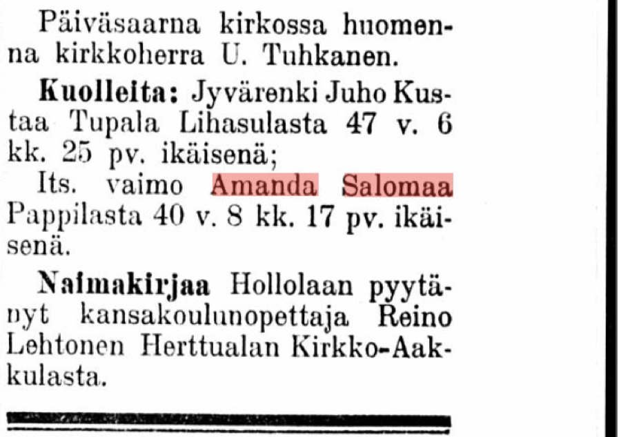 Kangasalan Sanomien kuolleita-palsta 17.5.1924, jossa merkintä itsellisen vaimo Amanda Salomaa Pappilasta