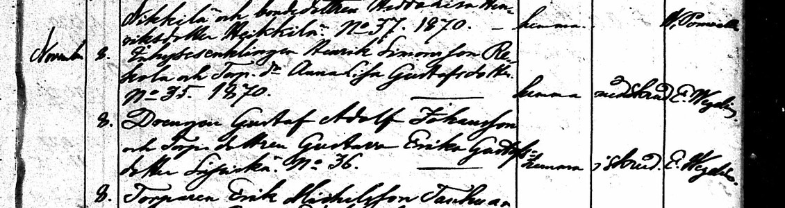 Kangasalan vihittyjen luettelon marraskuun 1870 rivit, joilla Gustaf Adolf Johansson ja Gustava Erika Gustafsdotter Säpiskä