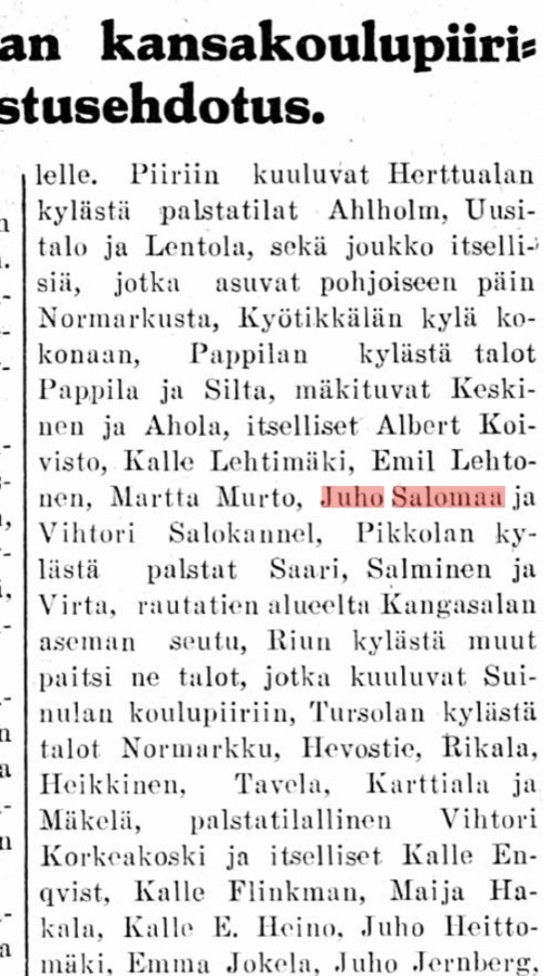 Kangasalan Sanomien kansakoulupiirijako 28.8.1926, jossa itselliset Kalle Lehtimäki ja Juho Salomaa Pappilan kylästä