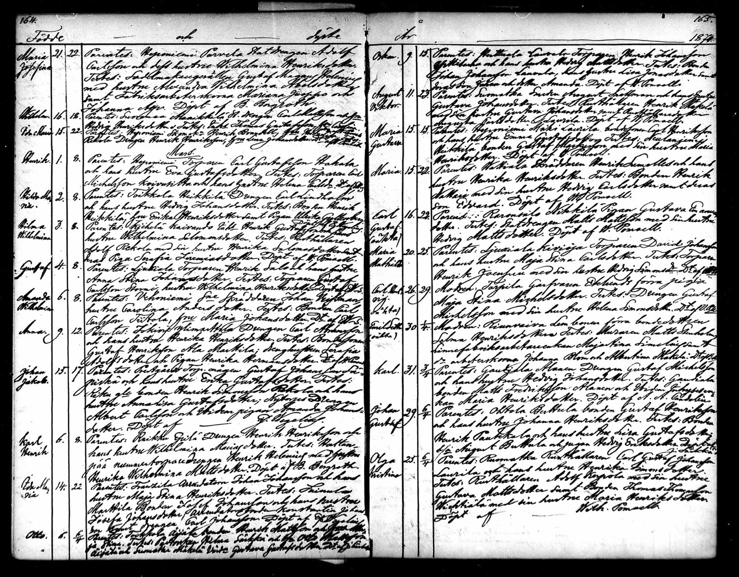 Kangasalan syntyneiden ja kastettujen luettelon aukeama vuodelta 1874