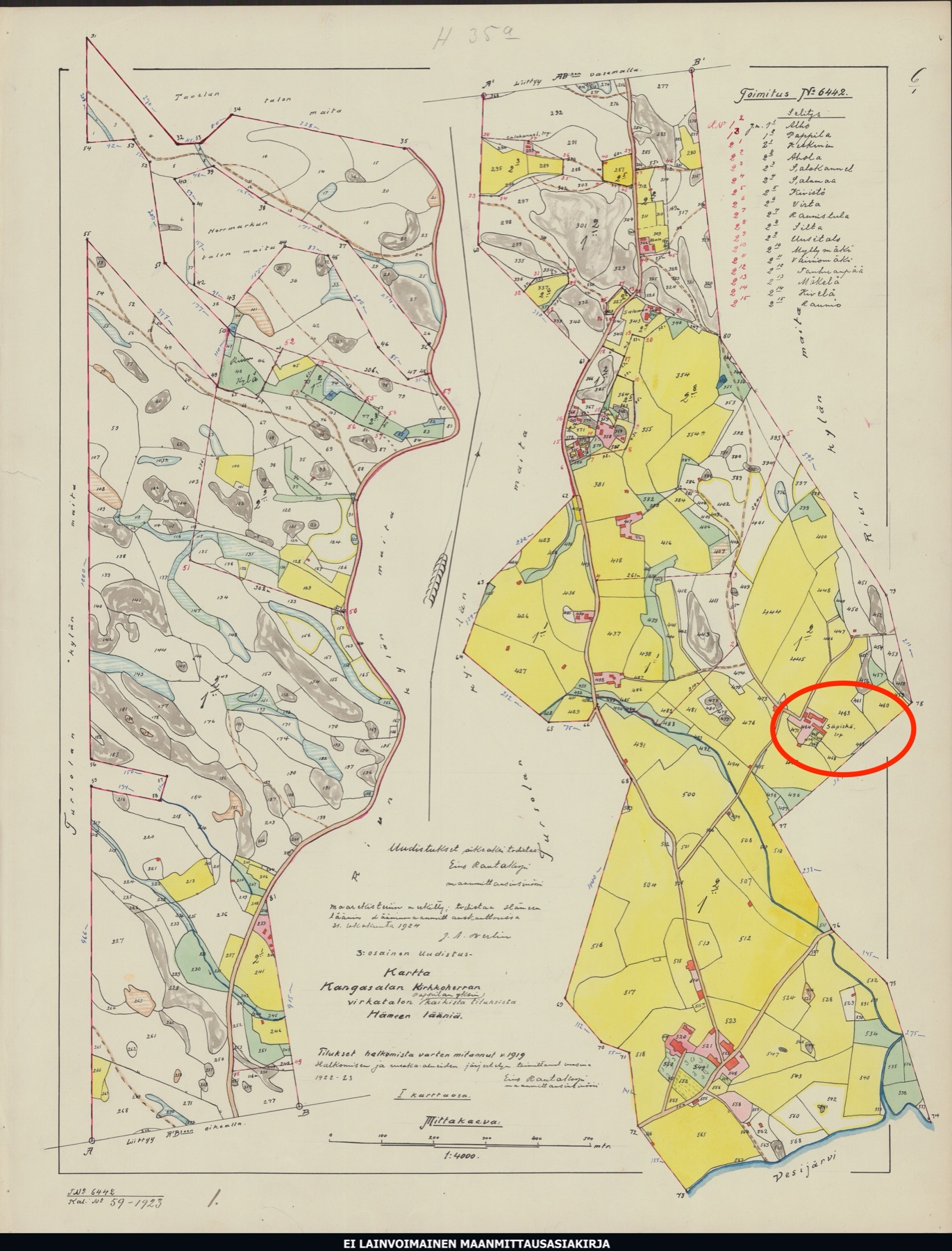 Kangasalan kirkkoherran virkatalon halkomiskartta vuodelta 1923 kokonaisuudessaan