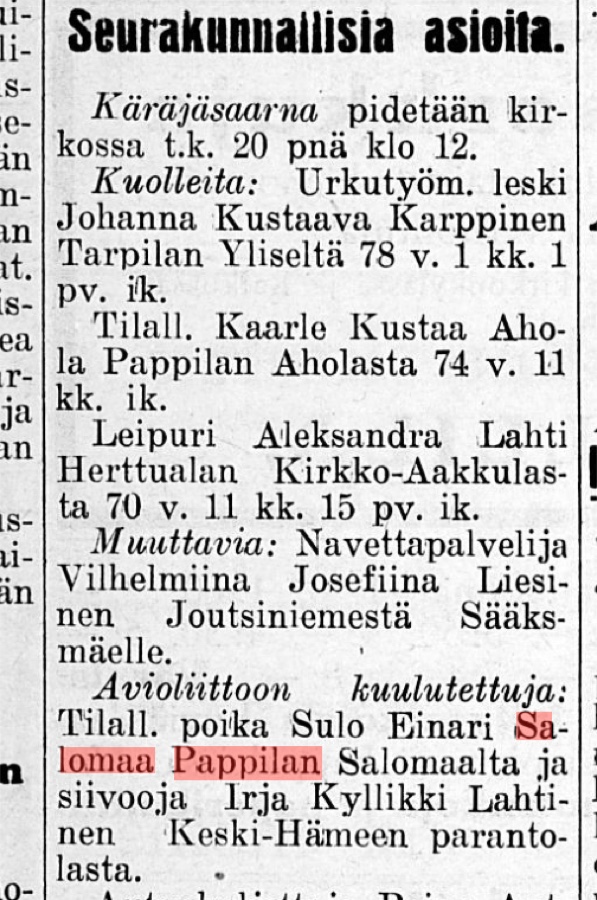 Kangasalan Sanomien avioliittokuulutus 18.2.1933, jossa tilallisen poika Sulo Einari Salomaa Pappilan Salomaalta